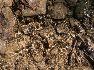 Shallow clear water flowing in the stream, abstract waveforms, refraction of light