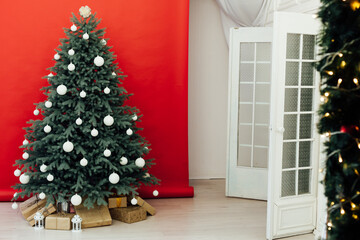 Christmas tree pine with gifts New Year red decor house