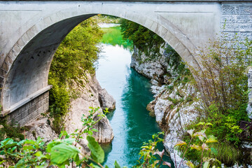 Caporetto, Kozjak waterfalls, Isonzo river nestled in the Julian pre-Alps. Slovenia