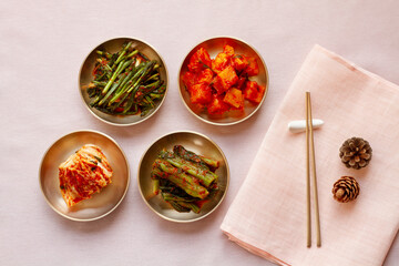 The most famous Korean food Kimchi (napa cabbage, leaf mustard, turnip, leek) in high quality brass...