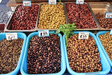 Stall with olives at street market in Athens, Greece, October 9 2020.