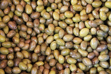 Stall with Kalamata or Kalamon olives at street market in Athens, Greece.
