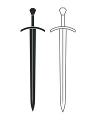 Sword vector illustration icon. Military or heraldry symbol. Protection and security sign. Medieval or knight weapon. Fantasy longsword fencing logo. Clip-art silhouette.