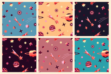 Set of six seamless colorful vector patterns with stars, comets, and planets on a colored background. Space. Illustration for gifts, banners, fabrics, postcards, holidays.