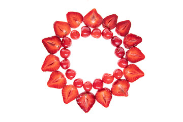 Obraz premium red raw fresh strawberries and cherries on white background, close view 