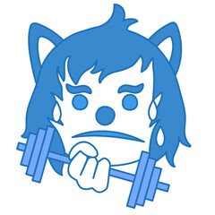 Obraz premium wolf emoji with sweat drops that is working out or physically exercising or weight training by lifting dumbbells with his hands, simplistic facial expression vector illustration