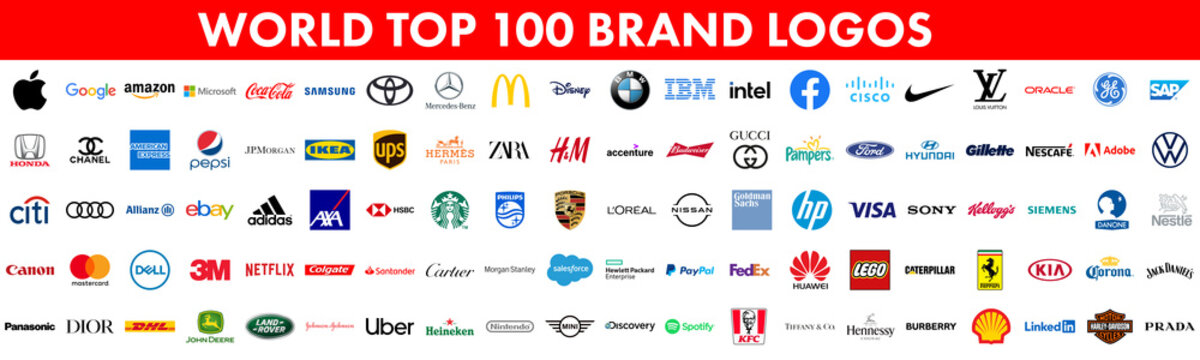 100 Top and most popular World brands. Logo Apple, Google, Amazon, Microsoft, Coca-cola, Samsung, Toyota, Mercedes, MacDonalds, Disney, BMW, IBM, Intel and more. Vector illustration