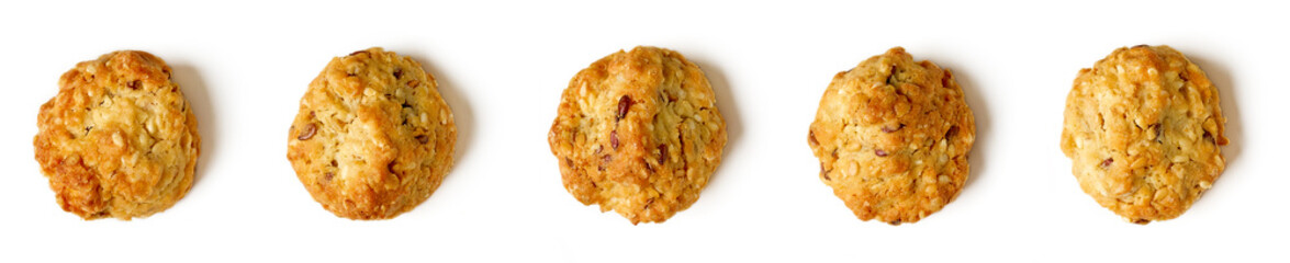 Oat flake cookies isolated on white, from above