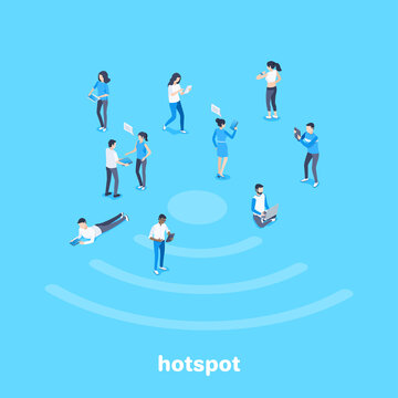 isometric vector image on a blue background, people with smartphones and tablets use the internet, wireless internet connection and hotspot