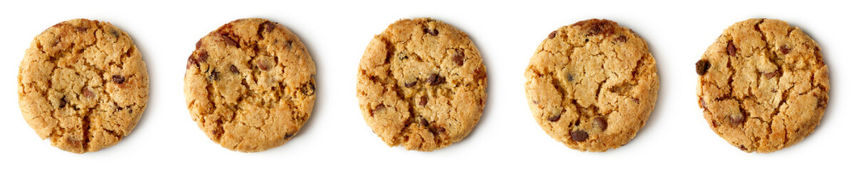 Chocolate chip cookies isolated on white, from above