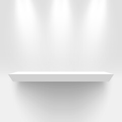 White exhibition stand, illuminated by spotlights. Pedestal. Shelf. Vector illustration.
