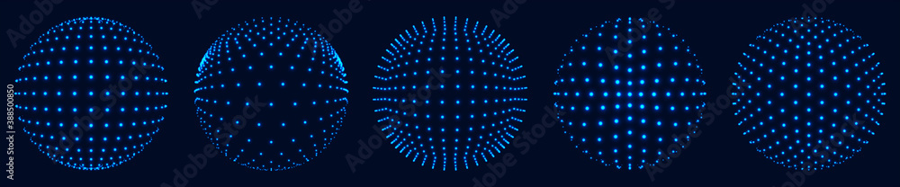 Poster set of abstract glowing spheres of multiple points. globe or ball. digital technology. illustration 
