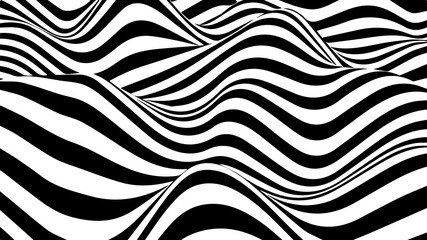 Abstract wave of white and black curved lines. Hallucination. Optical illusion. Twisted illustration. Futuristic background of lines. Dynamic wave. Vector.