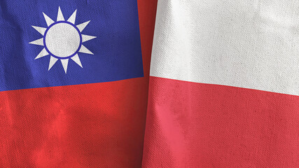 Poland and Taiwan two flags textile cloth 3D rendering