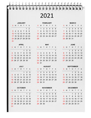 calendar for 2021 on paper spiral notebook isolated on white backgrounds