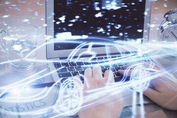 Automobile theme drawing with businessman working on computer on background. Autopilot taxi concept. Multi exposure.