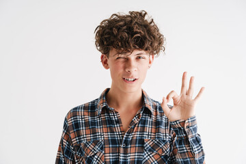 Pleased curly guy winking and showing ok sign on camera