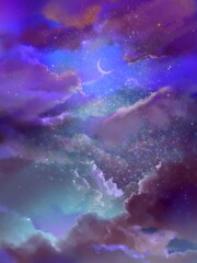 Background of dreamy colorful sky with clouds and stars