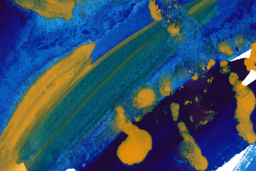 Blue splash watercolor texture background. Hand drawn yellow abstract paint smudges, blots with brush strokes backdrop. Vibrant aquarelle smears wallpaper. The color splashing in the paper. 