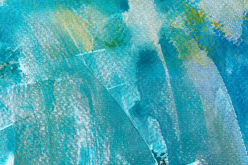 Light blue splash watercolor texture background. Hand drawn white abstract acrylic paint smudges, blots with brushstrokes backdrop. Vibrant aquarelle smears wallpaper. The color splashing in the paper