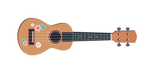 Ukulele isolated on white,musical instrument with cute stickers