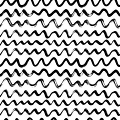 Wavy grunge lines vector seamless pattern. Horizontal brush strokes, swirls, stripes and waves. Curly brush strokes. Black paint hand drawn background. Geometric ornament for wrapping paper. 