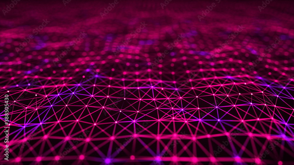 Poster network of bright connected dots and lines. abstract dynamic wave of many points. digital background