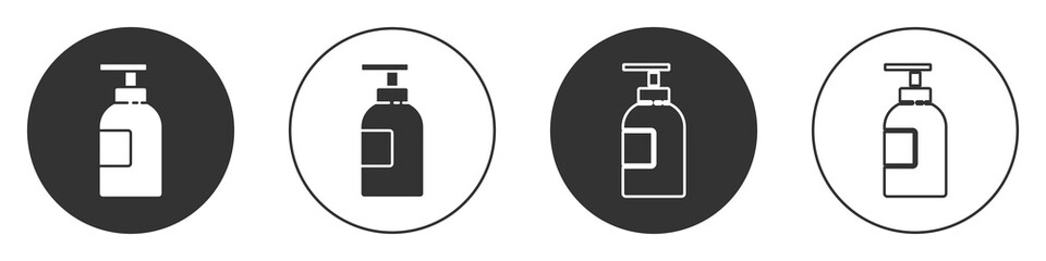 Black Hand sanitizer bottle icon isolated on white background. Disinfection concept. Washing gel. Alcohol bottle for hygiene. Circle button. Vector Illustration.