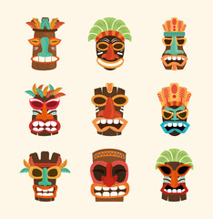 tiki african face wooden sculpture isolated on white background, set icons