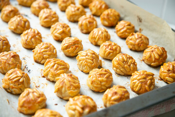 Almond and pine nuts Panellets . Traditional Catalan sweet made with potato, egg, sugar, almonds and pine nuts. Prepares to celebrate Halloween and November 1st