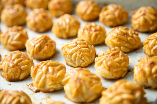 Almond and pine nuts Panellets . Traditional Catalan sweet made with potato, egg, sugar, almonds and pine nuts. Prepares to celebrate Halloween and November 1st
