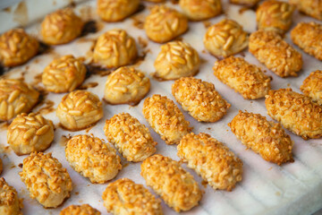 Almond and pine nuts Panellets . Traditional Catalan sweet made with potato, egg, sugar, almonds and pine nuts. Prepares to celebrate Halloween and November 1st
