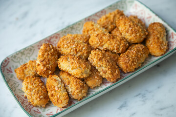 Almond and pine nuts Panellets . Traditional Catalan sweet made with potato, egg, sugar, almonds and pine nuts. Prepares to celebrate Halloween and November 1st