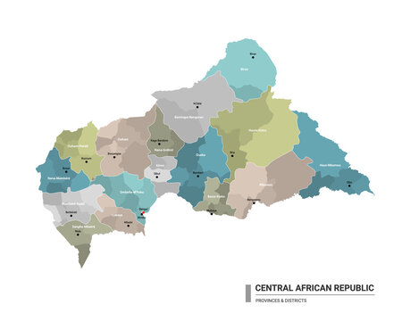 Central African Republic higt detailed map with subdivisions.