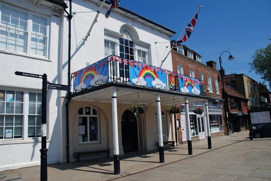 The Town Hall decorated with rainbow banners thanking NHS workers during the Coronavirus pandemic at Tenterden in Kent, England on May 27, 2020. The building dates from 1790.
