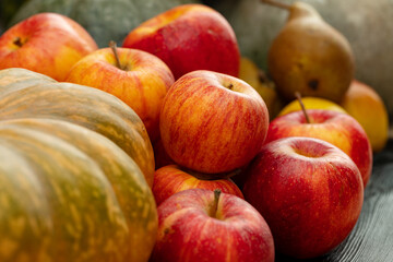 Harvest of pumpkins, apples and pears close up