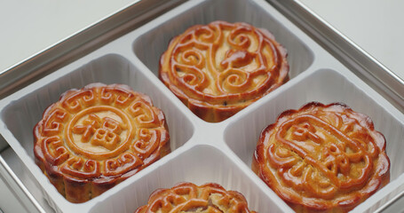 Traditional Chinese moon cake in box for mid autumn festival