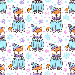 Seamless pattern with dog breed Shiba Inu in Icelandic sweater and hat, with snowflakes, on white background. Beautiful print for packaging, wrapping paper, textile, home decor etc.