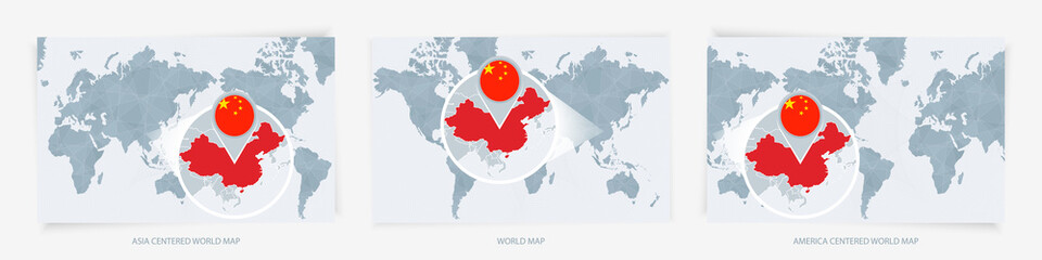 Three versions of the World Map with the enlarged map of China with flag.