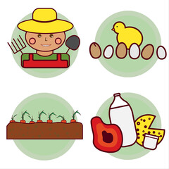 Agriculture, subsistence farming - a set of illustrations and icons. Farmer in a hat with a pitchfork and a shovel. Garden with carrots. Farm products (milk in a glass bottle, cheese, meat, yogurt,egg