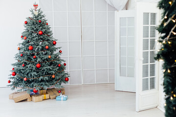 Christmas tree pine decor presents new year house white background