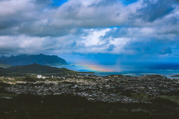 Fototapeta na wymiar Rainbow at kaneohe bay, view from Nuuanu Pali Lookout, Oahu, Hawaii 