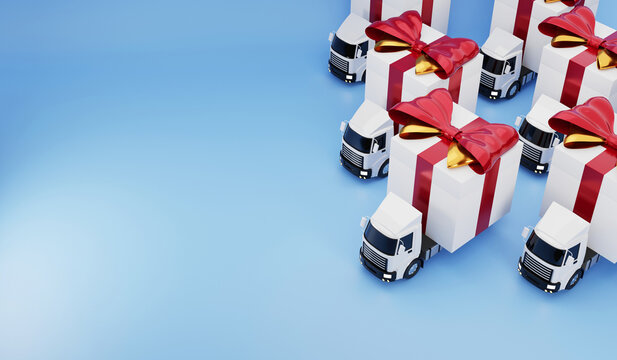 Truck delivery service Happy Gift Box 3d render concept.