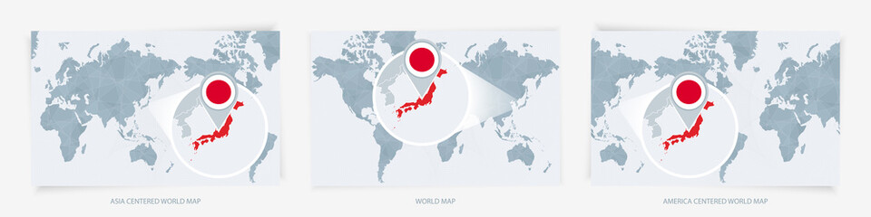 Three versions of the World Map with the enlarged map of Japan with flag. © boldg
