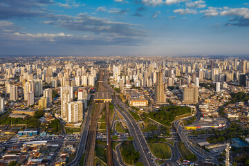 entrance to the Tatuape neighborhood, at sunset, Sao Paulo, Brazil, seen from above