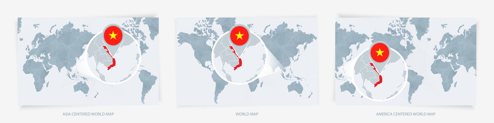 Three versions of the World Map with the enlarged map of Vietnam with flag. © boldg