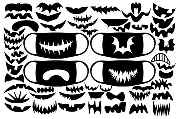 A large set of different facial expressions for Halloween. Print for a medical mask.
