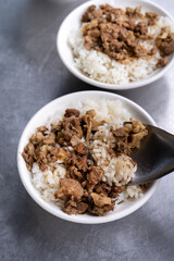 Braised meat over cooked rice, famous and delicious street food in Taiwan.