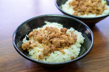 Braised meat over cooked rice, famous and delicious street food in Taiwan.