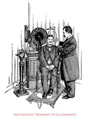 Alternative medicine, cure with electricity: electrotherapeutic eye complaint treatment, vintage illustration